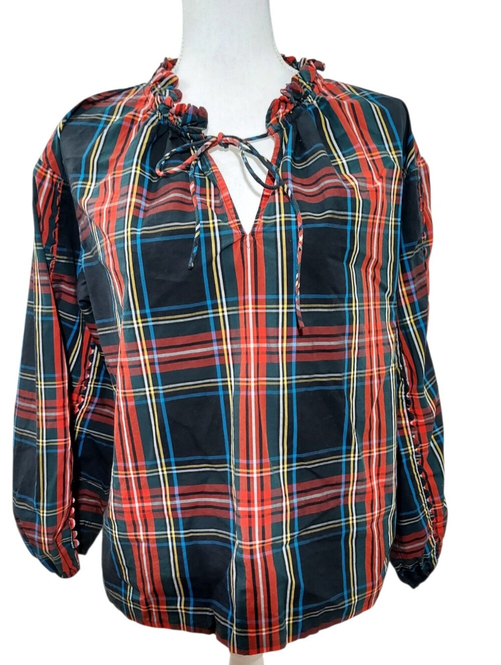 J. Crew Scalloped Tartan Plaid Tie-Neck Blouse M